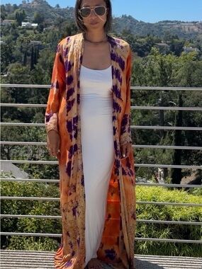Sun Child Silk Bohemian Tie-Dye Long Duster Cape Orange & Purple Festival